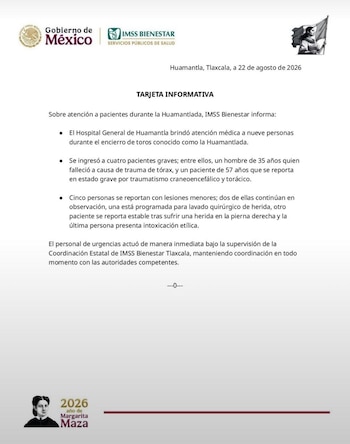 Comunicado oficial del Gobierno de México e IMSS Bienestar titulado Tarjeta Informativa con texto descriptivo sobre la Huamantlada