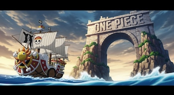 Un barco de vela de colores vivos con mascarón de león navega sobre olas azules. A la derecha, un arco de piedra con la palabra 'ONE PIECE' se alza sobre rocas.