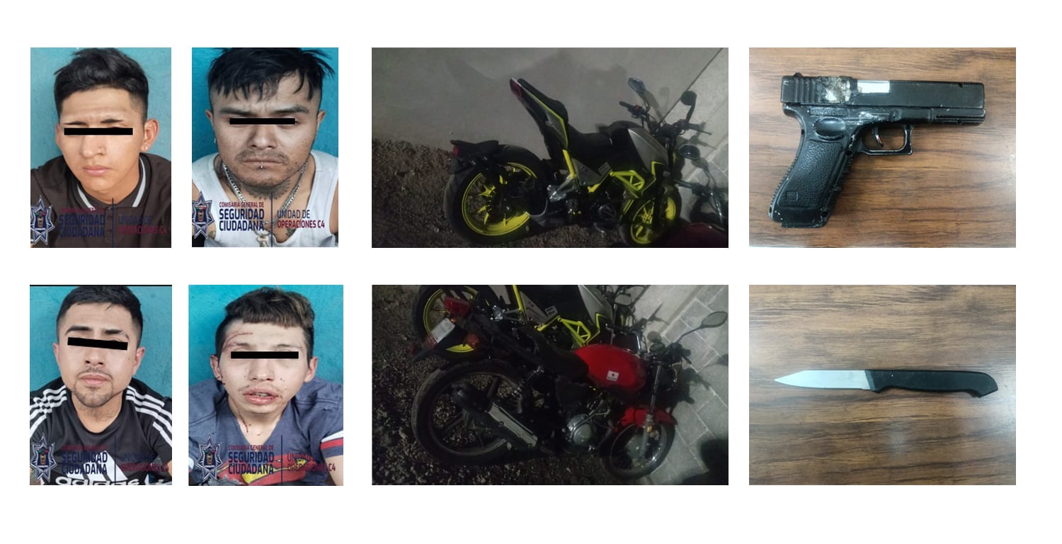 A los detenidos se les aseguraron motos, un arma de fuego y un arma blanca. Foto: (H. Ayuntamiento de Nezahualcóyotl)