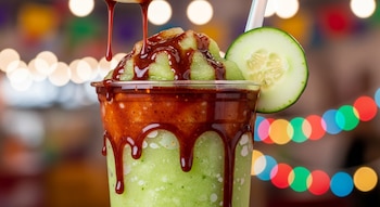 Chamoyada de pepino verde claro en un vaso, con salsa chamoy marrón oscuro goteando por los bordes. Una rodaja de pepino y una pajilla sobresalen. Fondo borroso con luces de colores.