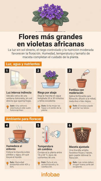 Infografía con una violeta africana en maceta y seis recuadros ilustrados con consejos sobre riego, luz, abono, temperatura y recipiente.