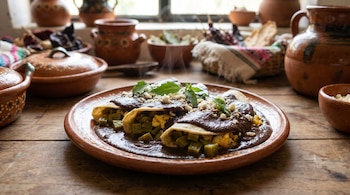 Primer plano de enfrijoladas con nopal, huevo, salsa de frijol negro, epazote y queso, en un plato de barro sobre una mesa de madera rústica.