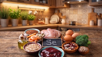 Alimentos como carne de pollo, hígado, camarones, huevos, brócoli, legumbres y un cartel con el símbolo Se descansan sobre una mesa de madera.