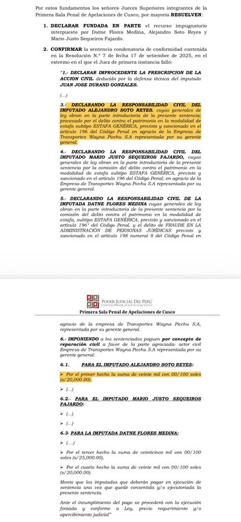 La Primera Sala Penal de Apelaciones de Cusco confirma la responsabilidad civil de Alejandro Soto Reyes.