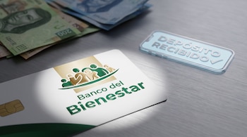 Tarjeta bancaria del Banco del Bienestar, billetes mexicanos difuminados y un teléfono móvil con el mensaje "DEPÓSITO RECIBIDO".
