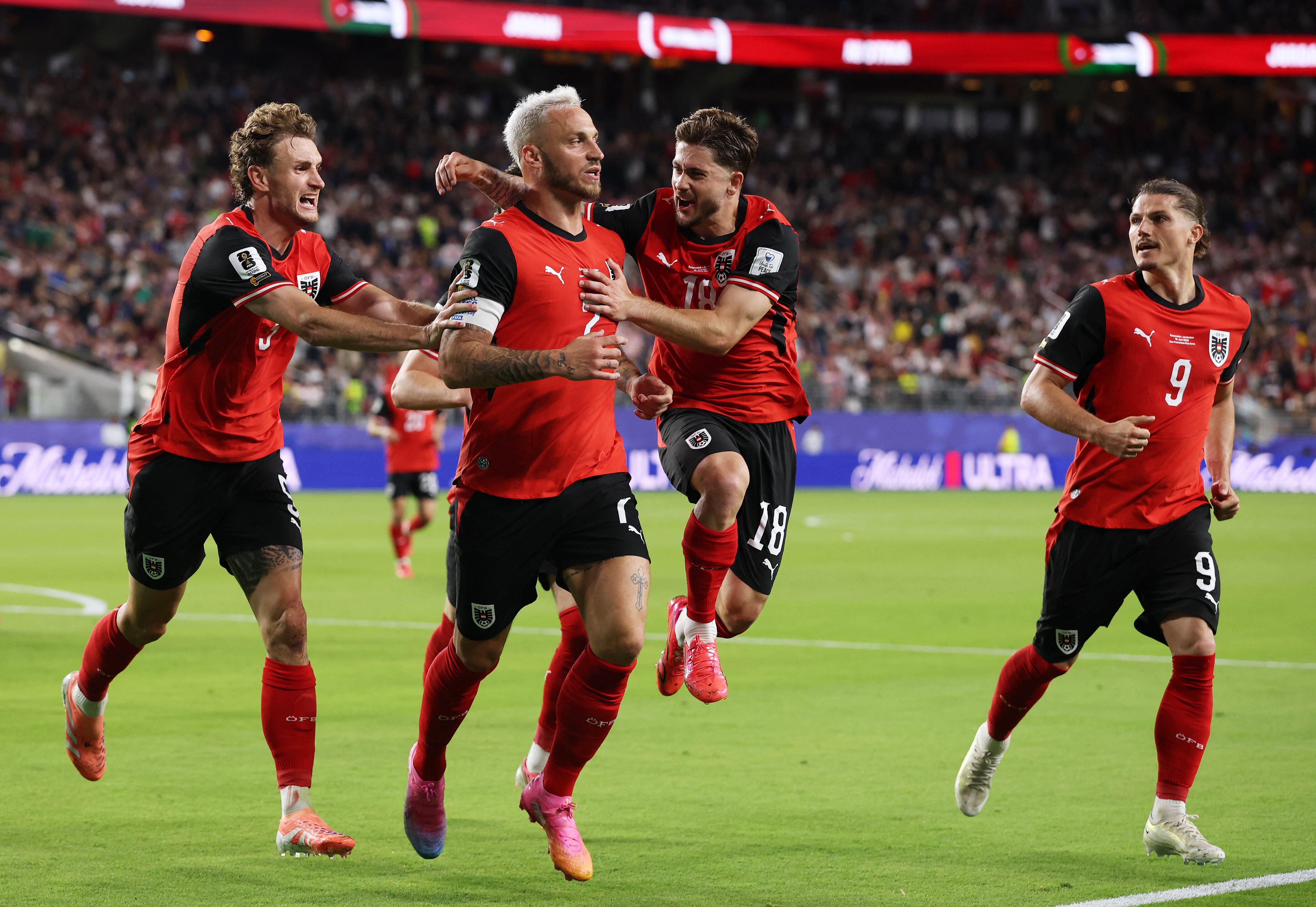 SANTA CLARA, CALIFORNIA - JUNE 16: Marko Arnautovic #7 of Austria celebrates after scoring his team's second goal later disallowed due to the handball of Stefan Posch #5 during the FIFA World Cup 2026 Group J match between Austria and Jordan at San Francisco Bay Area Stadium on June 16, 2026 in Santa Clara, California. Stu Forster/Getty Images/AFP (Photo by Stu Forster / GETTY IMAGES NORTH AMERICA / Getty Images via AFP)