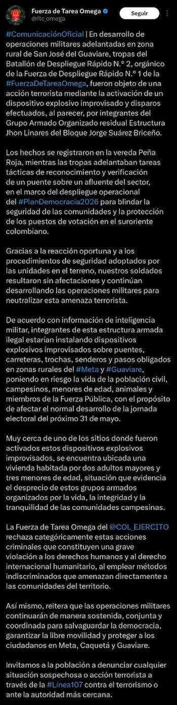 El Ejército informó que ningún militar resultó herido gracias a la rápida reacción y a las medidas de seguridad implementadas en la operación - crédito @ftc_omega / X