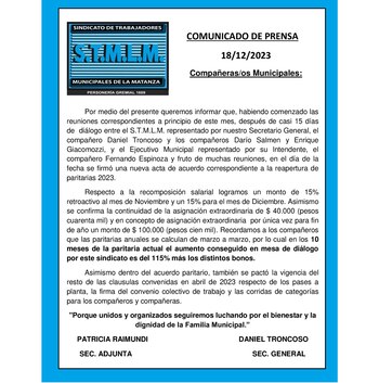 El comunicado del Sindicato de