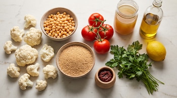 Coliflor, garbanzos, cuscús, tomates, perejil, limón, pasta roja, caldo y aceite dispuestos sobre una superficie de piedra clara.