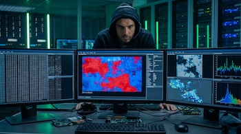 Hombre con capucha y auriculares mirando tres monitores en un laboratorio oscuro. Las pantallas muestran un análisis ELA con áreas rojas y azules, datos hexadecimales y gráficos.