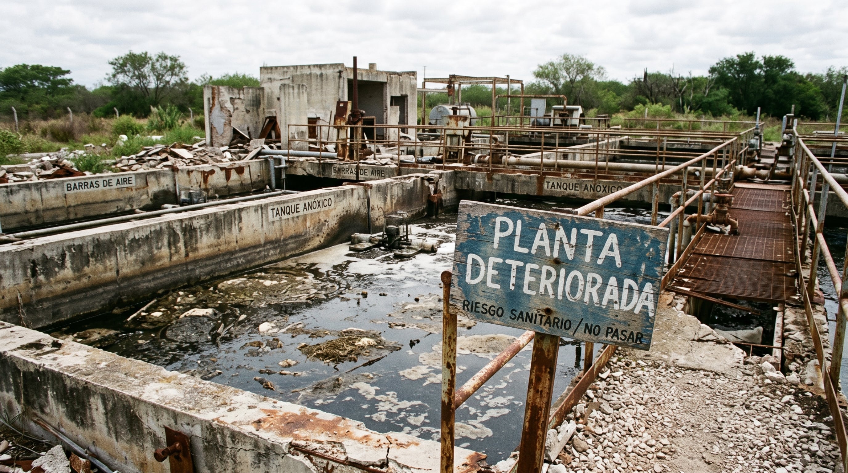 Un cartel con una advertencia de riesgo sanitario permanece junto a los tanques de una planta de tratamiento de aguas servidas. (Imagen Ilustrativa Infobae)