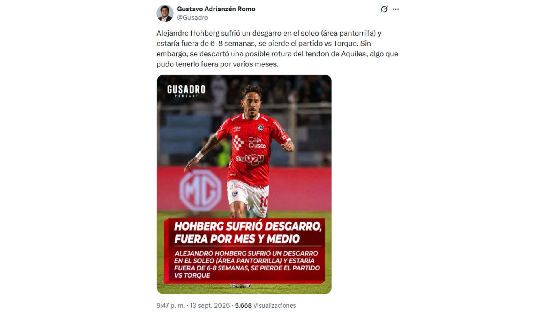 El diagnóstico de la lesión de Alejandro Hohberg. Crédito: Captura X