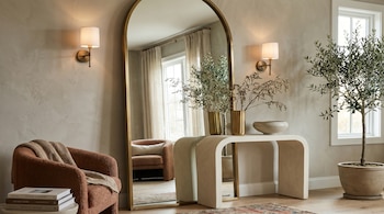 Una sala de estar con paredes texturizadas, un gran espejo dorado, un sillón terracota, una mesa consola curva y un olivo en maceta junto a una ventana.