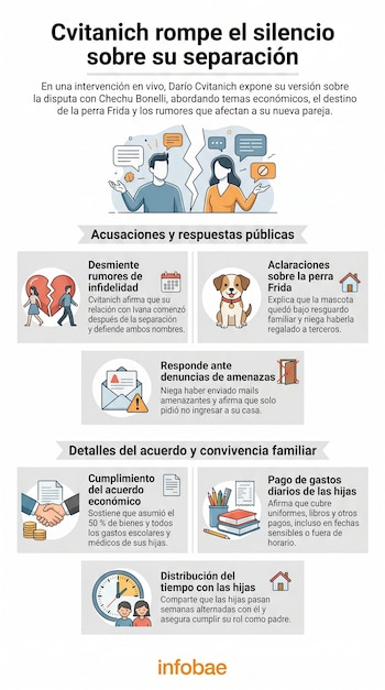 Infografía blanca con texto negro sobre la separación de Cvitanich, ilustrada con íconos que representan discusiones, un corazón roto, un perro, documentos y personas.