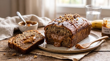 Un budín relleno de dulce de leche con nueces picadas por encima, una rebanada al lado, un vaso de agua y un frasco en una mesa de madera.