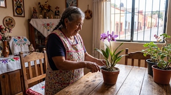 Mujer adulta con trenzas y delantal floral poda una orquídea morada en maceta sobre mesa de madera. Se ven otras plantas, una ventana con rejas y una calle exterior.