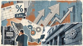 Un collage visual con calendario Q1 2026, el porcentaje 2.6%, un mapa de México, engranajes, un hombre con expresión de preocupación y un cartel de "CERRADO".