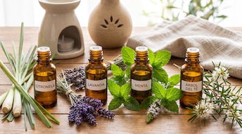 Cuatro botellas de aceites esenciales (citronela, lavanda, menta, árbol del té) con sus plantas. Dos difusores cerámicos y un paño en madera.