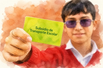 Un joven con gafas oscuras y suéter rojo sostiene una tarjeta verde con el texto Subsidio de Transporte Escolar.