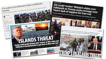 Collage de periódicos británicos sobre Donald Trump y las Islas Malvinas. Muestra soldados, la bandera del Reino Unido y varias imágenes de Trump.