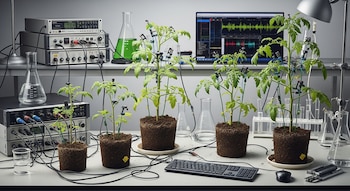 Configuración de laboratorio con varias plantas de tomate en macetas, equipadas con micrófonos ultrasensibles, conectadas a equipos de grabación y un monitor que muestra ondas de sonido.