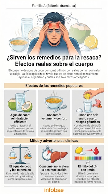 Infografía sobre remedios para la resaca. Ilustra a un hombre con dolor de cabeza, junto a agua de coco, consomé y limón con sal, explicando sus efectos.