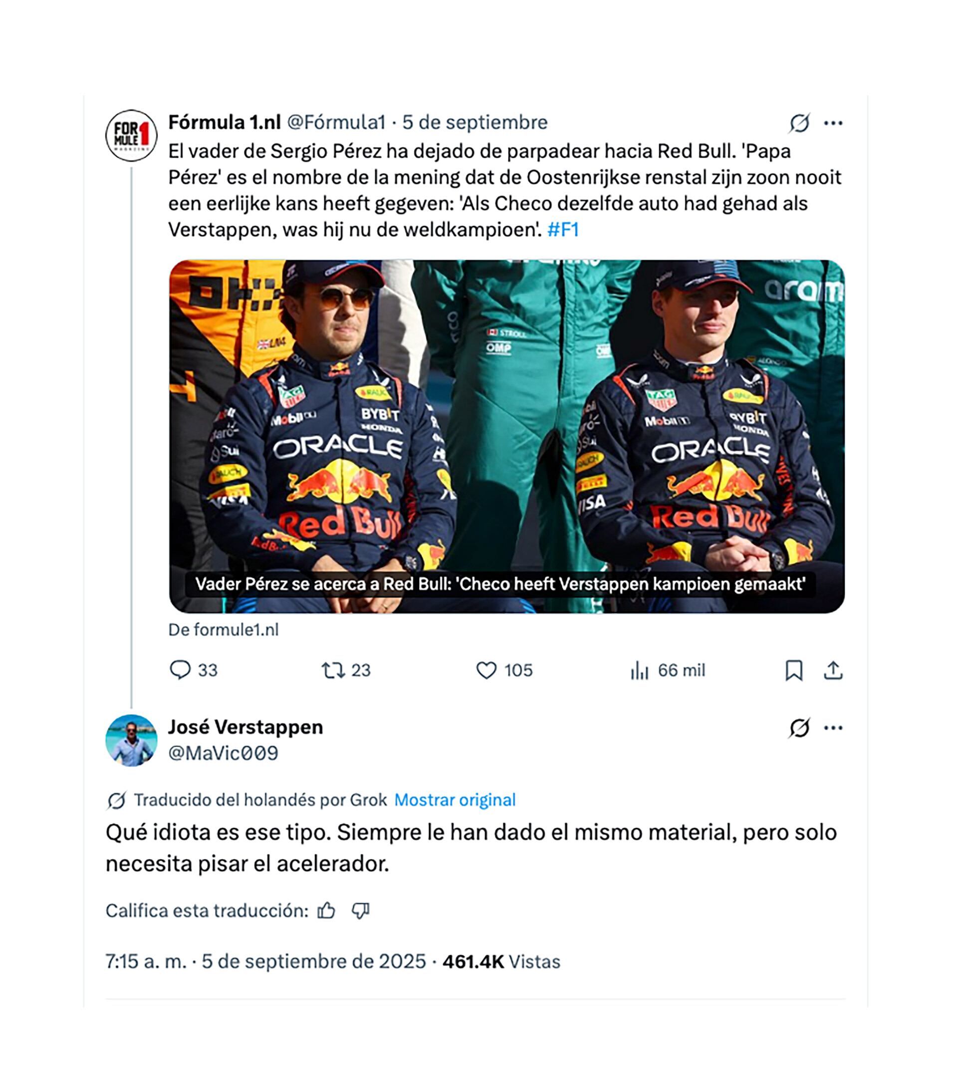 La polémica respuesta de Jos Verstappen a las declaraciones del padre de Checo