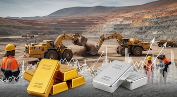 Mina a cielo abierto con excavadoras y camiones. Trabajadores mineros, lingotes de oro y plata en primer plano, gráficos financieros con flechas hacia arriba.