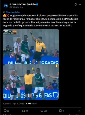 La cuenta especializada en el arbitraje de la Liga BetPlay, explicando que Ortiz podía rectificar una decisión de sacar la tarjeta amarilla, pero añadieron que el juez central no manejó bien la situación al recordar que el defensor del Junior ya estaba amonestado-crédito @ElVarCentral/X
