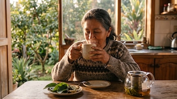 Una mujer sostiene una taza humeante junto a una tetera de vidrio y un plato con hojas verdes sobre una mesa de madera.