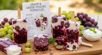 Varias paletas de uva y yogur griego sobre una tabla de madera, rodeadas de uvas rojas y verdes, un cuenco de yogur y una tarjeta de receta.