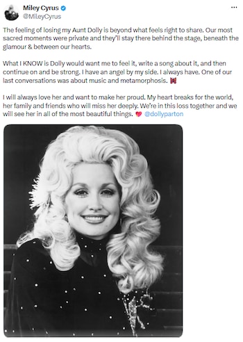 Miley Cyrus despidió a su madrina Dolly Parton: “Tengo un ángel a mi lado, siempre lo he tenido”