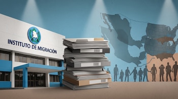 Edificio con letrero Instituto de Migración, escudo, pila de carpetas, mapa de México y Estados Unidos con ruta, y siluetas de personas.