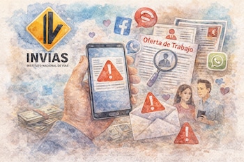 Mano sostiene teléfono con alerta, logo INVÍAS, oferta de trabajo, lupa, iconos de Facebook y WhatsApp, sobres con alerta, dinero y una pareja.