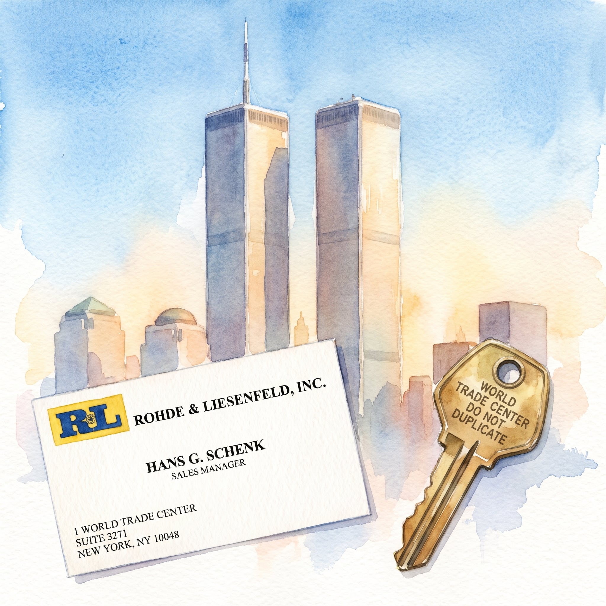 Una tarjeta de presentación de Hans G. Schenk y una llave del World Trade Center evocan su trabajo en las Torres Gemelas de Nueva York previo al 11 de septiembre. (Imagen Ilustrativa Infobae)