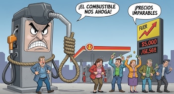 Surtidor de combustible, soga, hombre, cuatro personas, dinero, estación de servicio, cartel con precio $5.000 / GE,560 y flecha ascendente.