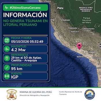 Mapa de Perú y panel con datos de un sismo de magnitud 4.2 en Arequipa, junto a logotipos de la Marina de Guerra del Perú