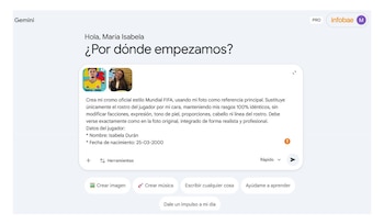 Captura de pantalla de la página web de Gemini con un prompt para crear un cromo FIFA usando una foto, mostrando el nombre "Isabela Durán"