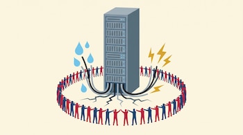 Torre de servidores de rack gris. Cables gruesos de la base absorben gotas de agua y rayos eléctricos. Círculo de siluetas humanas rojas y azules con brazos extendidos alrededor. Fondo crema.