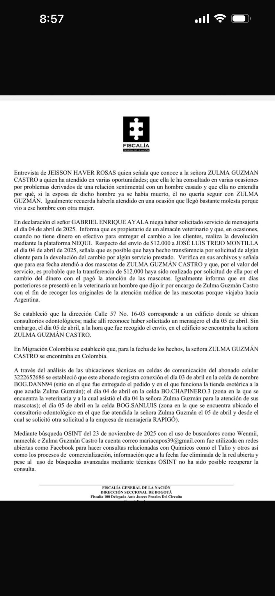 Las acciones recientes incluyeron el seguimiento de registros de teléfono celular, transferencias financieras y solicitudes de documentos en diferentes establecimientos frecuentados por la principal sospechosa del caso - crédito Fiscalía General de la Nación