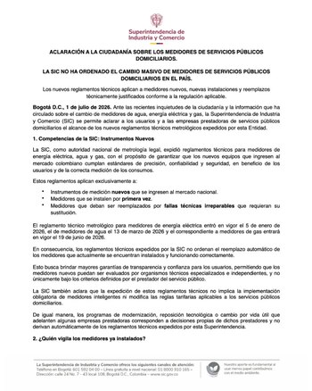 La superintendencia explicó que la actualización metrológica busca asegurar precisión, confiabilidad y seguridad, y que solo cubre instrumentos recién comercializados, montajes iniciales y sustituciones cuando exista un daño técnico imposible de reparar - crédito SIC