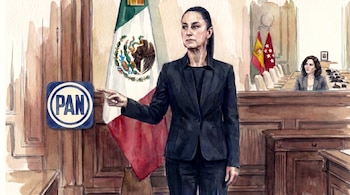 Ilustración de Claudia Sheinbaum señalando un logo del PAN, con la bandera de México detrás y Isabel Díaz Ayuso en un segundo plano. Se aprecian las banderas de España y Madrid.