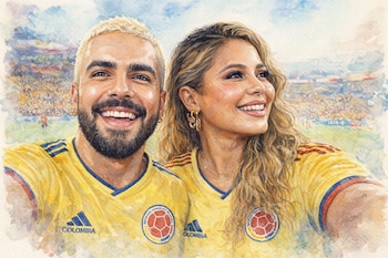 Ilustración de acuarela de un hombre con cabello rubio y barba junto a una mujer con cabello largo, ambos sonriendo y con camisetas de Colombia en un estadio.