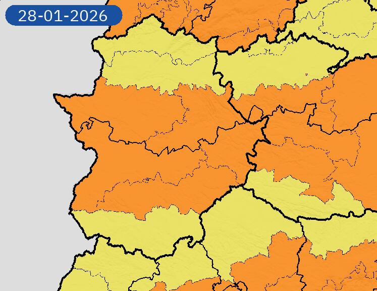Avisos 28 de enero Extremadura: nevadas, vientos y lluvias. Nivel máximo de aviso: naranja. (AEMET)