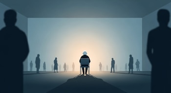 Ilustración plana: persona mayor sentada sola en una silla al centro de una sala azul y gris. Siluetas difusas de personas rodean en el fondo.