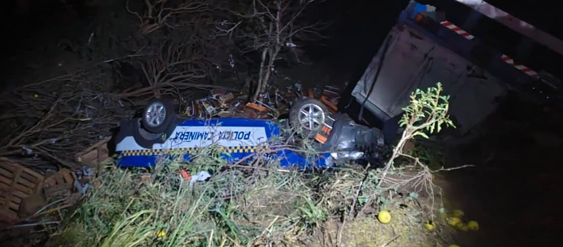 Una camioneta de la Policía Caminera y un camión yacen volcados en la vegetación oscura tras un choque fatal en Córdoba.