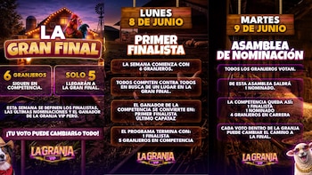 Póster promocional de La Granja VIP con un gallo sobre un establo iluminado, textos sobre la "Gran Final", fechas y reglas, y logos del programa. También un perro y una oveja