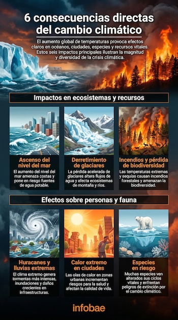 Infografía con seis bloques visuales que ilustran las consecuencias del cambio climático: ascenso del mar, derretimiento de glaciares, incendios, huracanes, calor extremo y especies en riesgo.