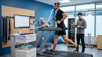 Un hombre en una cinta de correr con una máscara para prueba de VO2 máximo, mientras un técnico anota datos y un monitor muestra gráficos.