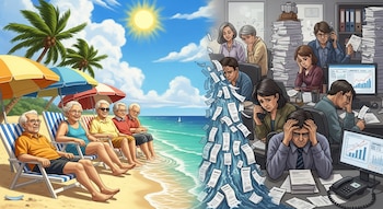 Imagen dividida. A la izquierda, un grupo de ancianos ríe en la playa bajo sombrillas. A la derecha, personas estresadas trabajan en una oficina llena de papeles.